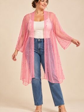 Origami by Vivien Pink Pearl Sheer Mesh Kimono Duster Large